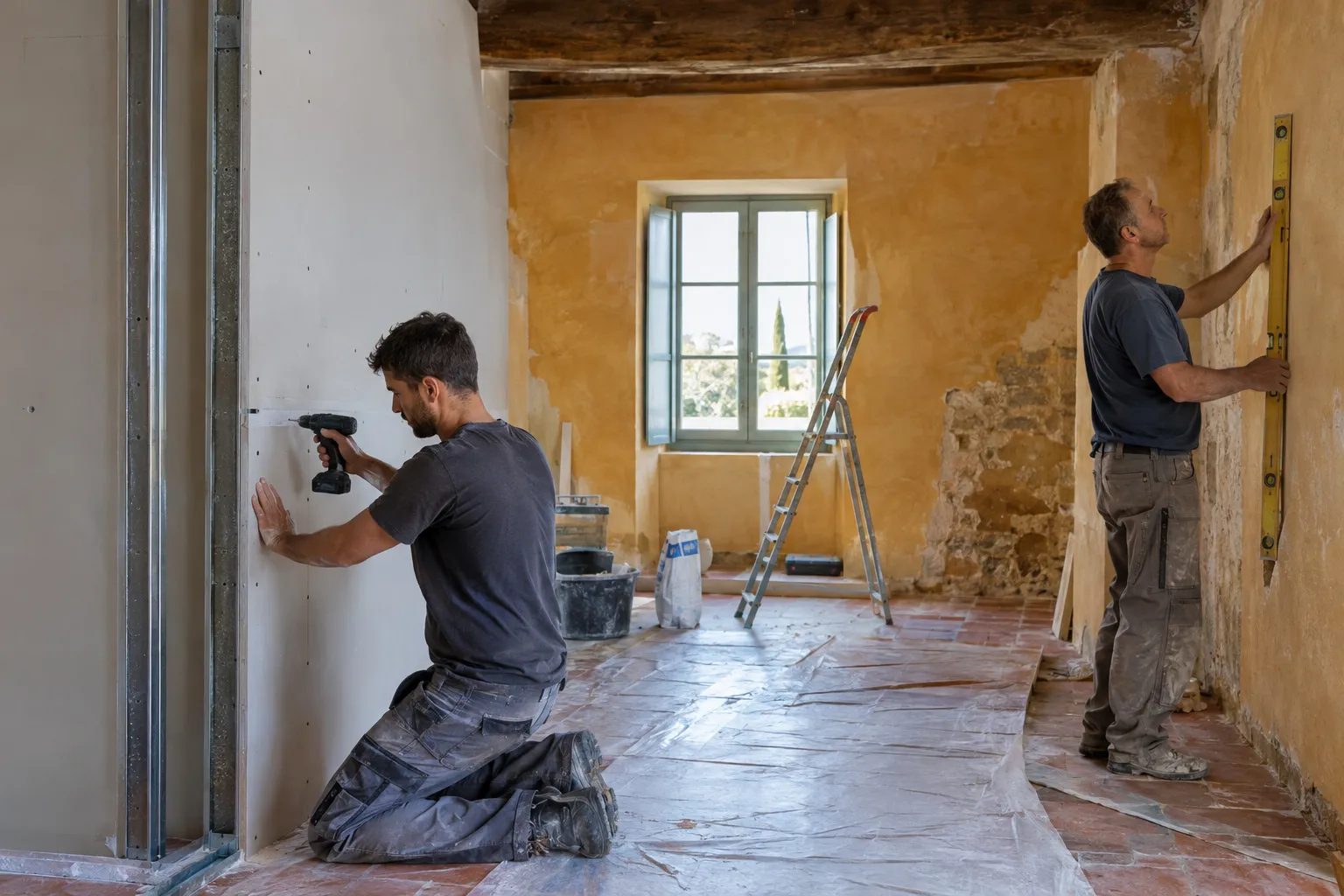 Nos artisans montent une cloison et contrôlent les aplombs dans une pièce en rénovation