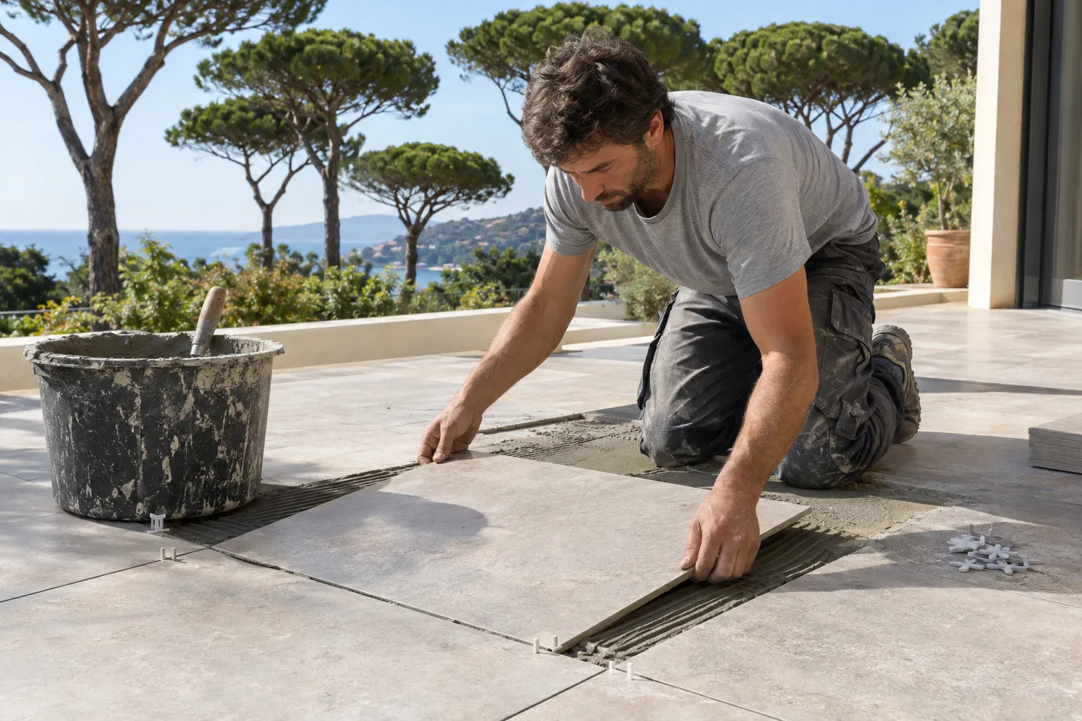 Un carreleur à genoux pose une grande dalle de grès cérame beige sur une terrasse, colle en peigne, croisillons et seau de mortier à côté, pins et mer au fond