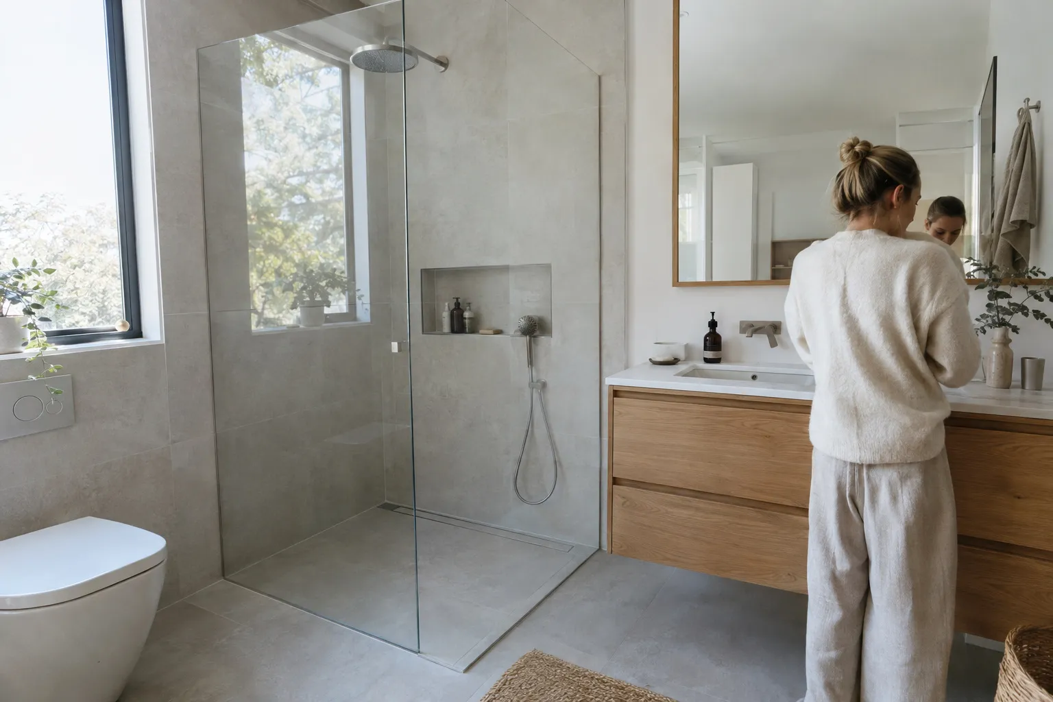 Salle de bain terminée avec douche à l'italienne en carrelage gris clair et meuble vasque en chêne
