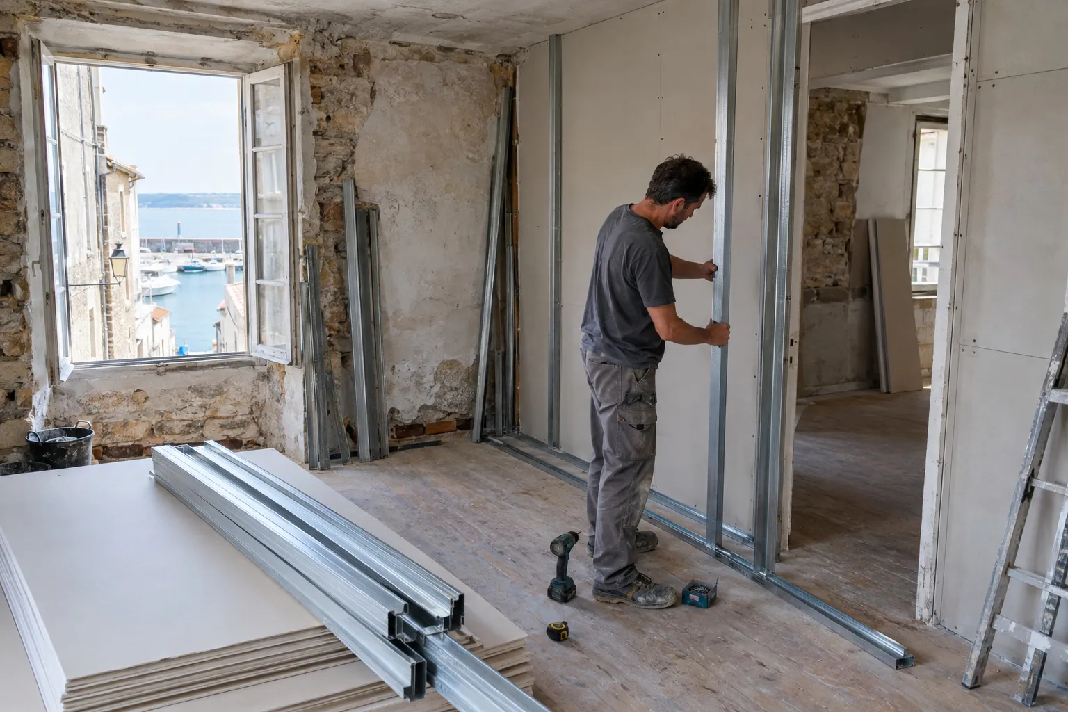 Un artisan monte une ossature métallique de cloison en plaques de plâtre dans un appartement ancien en chantier, fenêtre ouverte sur le port de Cassis.
